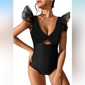 NWT One Piece Swimsuit Organza Ruffle V Neck Bathing Suit L